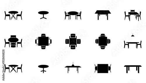 Premium collection of twelve distinctive dining table icons in bold black silhouette style. Includes modern slim leg tables, classic wooden farmhouse tables, glass top designs