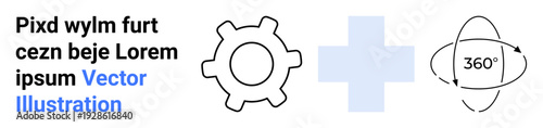 Engineering processes, innovation, design, development, problem-solving, manufacturing. Gear, plus sign and 360-degree rotation icons. Engineering processes and innovation concepts