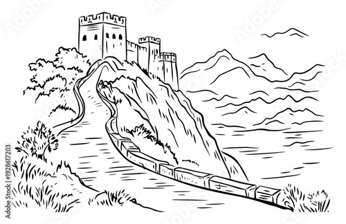 Great Wall of China Landscape Sketch Vector, Landmark Chinese Architecture Illustration, Mountain Ridge Scenery Hand Drawn Art