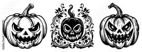 Halloween Jack O Lantern Pumpkin Vector Set, Scary Carved Pumpkins with Evil Faces Woodcut Illustration, Spooky Holiday Decor Art