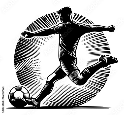 Soccer Football Player Kicking Ball Vector Illustration, Dynamic Linocut Style Athlete Action, Sports Competition Graphic Art