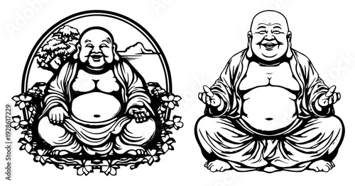 Laughing Buddha Hotei Vector Set, Happy Maitreya Zen Spirit Woodcut Illustration, Smiling Buddhist Deity Portraits for Good Luck