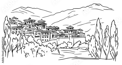 Hillside Village and Mountain Landscape Sketch, Hand Drawn Architecture of a Mediterranean Town in the Valley Illustration