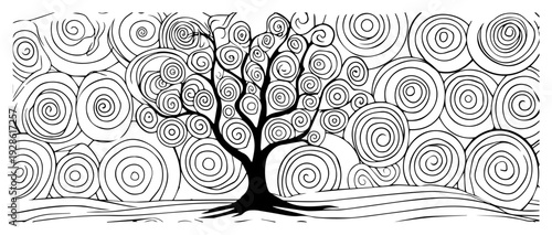 Stylized Tree of Life with Abstract Swirl Pattern Background, Decorative Nature Illustration with Concentric Circles, Artistic Spirit Tree Vector