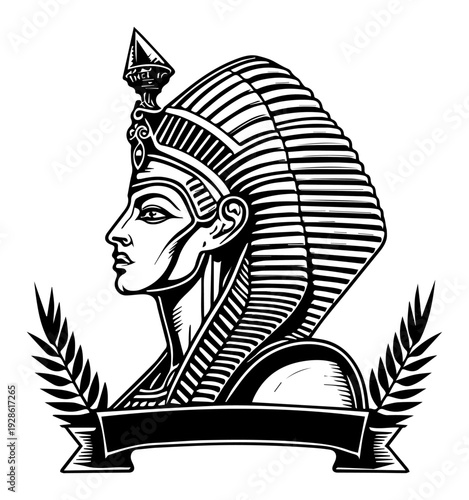 Egyptian Pharaoh Portrait Woodcut Illustration, Ancient Egypt King or Queen Profile with Headdress and Banner, Mythology Character Vector Art