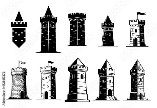 Medieval Castle Tower Silhouette Set, Fortress Defense Architecture Icons Vector, Ancient Stone Tower Collection for Games and Design