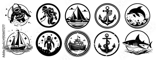 Nautical and Space Exploration Badge Set Vector, Vintage Circular Icons with Astronauts Ships Anchors and Sea Creatures