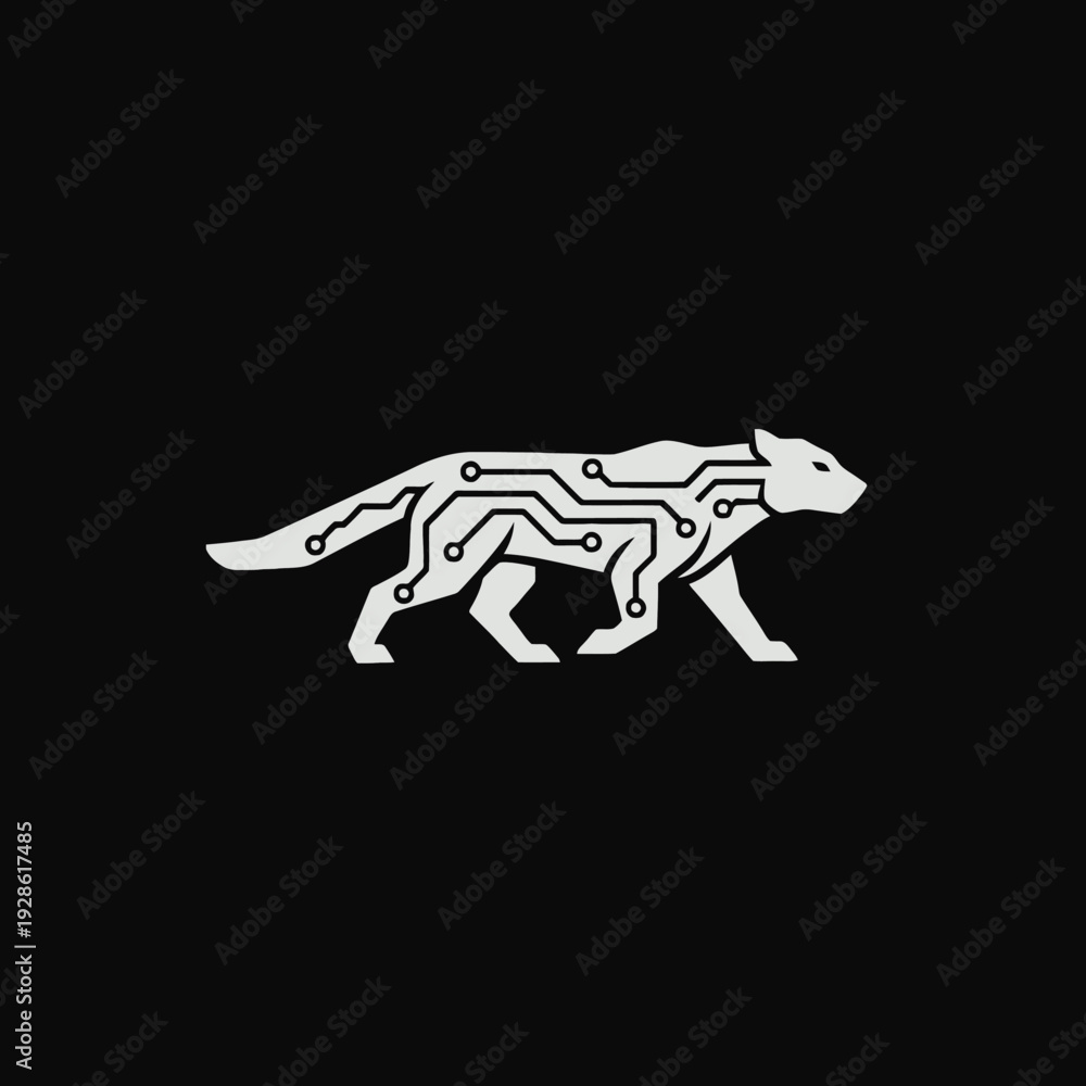 Fototapeta premium Circuit Board Style White Panther Animal Illustration.