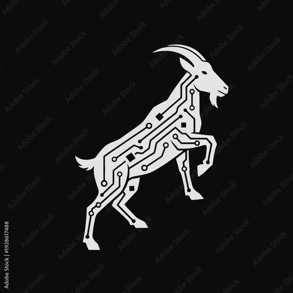 Fototapeta premium Circuit Board Goat Illustration on Black Background.