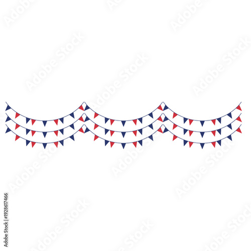 Patriotic triangle flag bunting decoration in red and dark blue colors hanging in wave patterns isolated on white backdrop suitable for party celebration events and national holidays layout