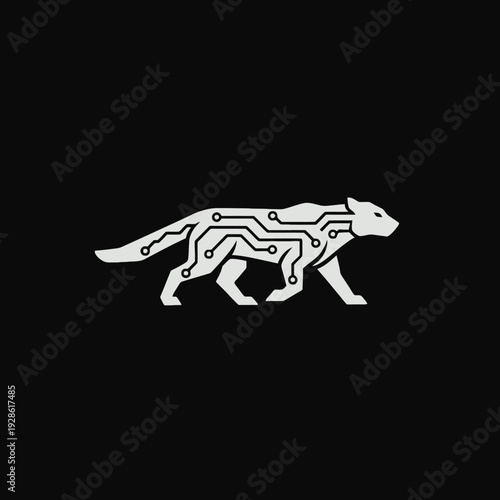 Circuit Board Style White Panther Animal Illustration.
