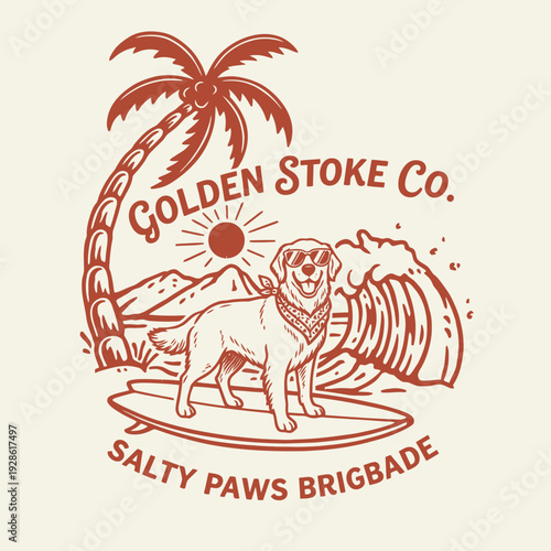 Dog Surfing Illustration with Palm Tree.