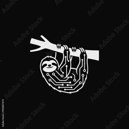 Sloth Circuit Board Illustration White on Black.