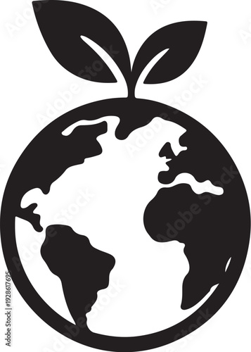 Black silhouette vector icon of a globe with two leaves sprouting from the top, isolated on white background