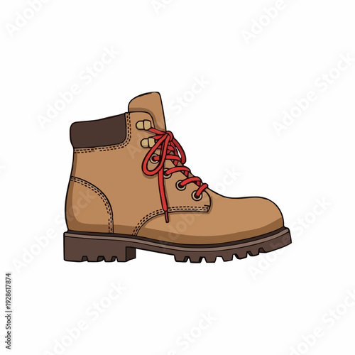 Tan Leather Work Boot with Red Laces Isolated on White Background Detailed Illustration