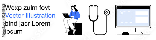 Telemedicine, remote healthcare, digital diagnostics, patient communication, online consultation, mobile devices. Person with laptop and stethoscope next to a monitor. Telemedicine and remote