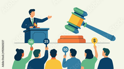 Auctioneer at Podium with Gavel Leading a Public Bidding Event with Crowd of Bidders Holding Up Numbered Paddles for Sale, Flat Vector Illustration of Business Auction Process and Commerce Concept.