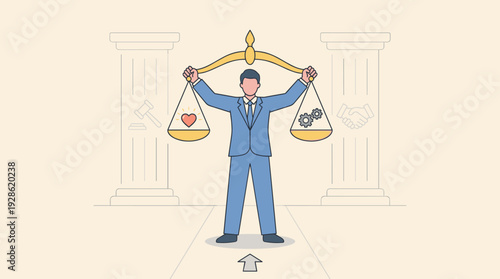 Businessman Holding Scales of Justice Balancing Heart and Gears for Leadership Concept, Business Ethics, Integrity, Professional Decision Making, Law and Agreement Pillars Vector Illustration