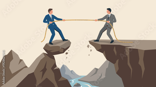 Business Competition and Challenge Concept with Two Businessmen Pulling Rope in Tug of War at the Edge of a Cliff, Symbolizing Risk, Rivalry, Strategy, and Corporate Conflict in a Flat Vector Style