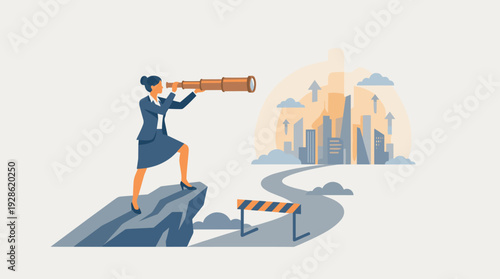 Businesswoman with Telescope Looking at Future City Skyline, Concept of Visionary Leadership, Career Growth, Overcoming Challenges, Strategic Planning, and Seeking New Business Opportunities
