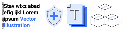 Data security, cloud storage, information management, digital organization, healthcare, and logistics concept. Shield with cross, layered text icon and cube boxes. Data security and cloud storage