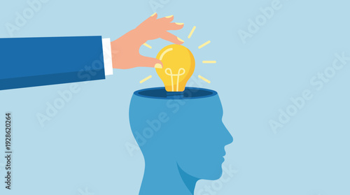 Business creativity and innovation concept with a businessman hand putting a bright glowing light bulb into an open human head silhouette. Minimalist flat vector illustration of insight and logic.