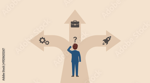 Businessman standing at a crossroads choosing between three paths with gears, briefcase, and rocket icons. Concept of career direction, business strategy, decision making, and path to success.