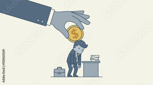 Big hand hitting a businessman's head with a dollar coin, representing bribery, corruption, greed, and financial pressure in a corporate environment, simple flat vector illustration concept.