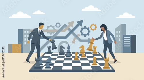 Businessman and Businesswoman Playing Chess on a Giant Chessboard, Representing Strategic Planning, Corporate Competition, Leadership Tactics, and Market Growth in a Modern Cityscape Background.