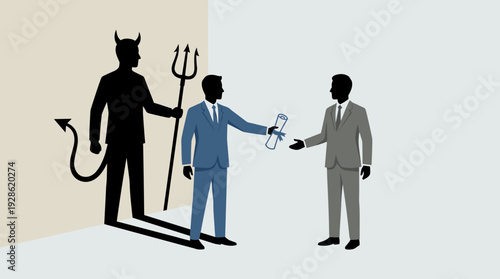 Businessman Handing a Contract to a Client with a Hidden Devil Shadow Representing Dishonesty, Deception, and Unethical Business Practices, Deal with the Devil Concept Flat Vector Illustration.
