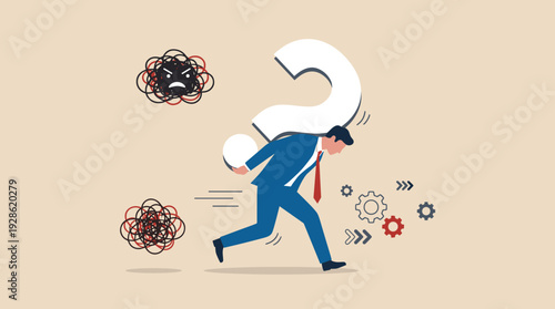 Businessman Carrying a Huge Question Mark on His Back to Find Ways to Solve Problems, Concept of Business Uncertainty, Stress, and Finding Solutions in a Complex Corporate Environment Illustration.