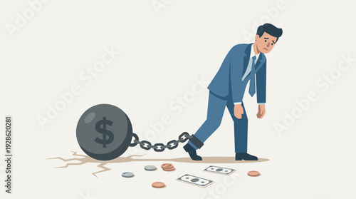 Sad Businessman Chained to a Heavy Weight with Dollar Sign Representing Financial Debt, Economic Burden, and Bankruptcy. Concept of Financial Crisis, Money Problems, and Heavy Obligations.