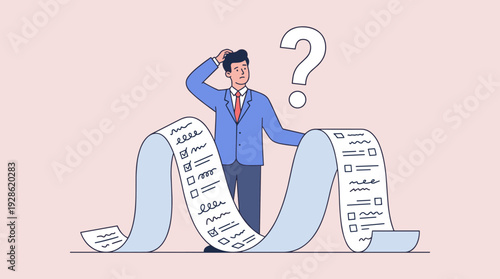 Businessman feeling confused and overwhelmed by a very long paper note with a to-do list and tasks, scratching head with a question mark above, flat vector illustration for business management.