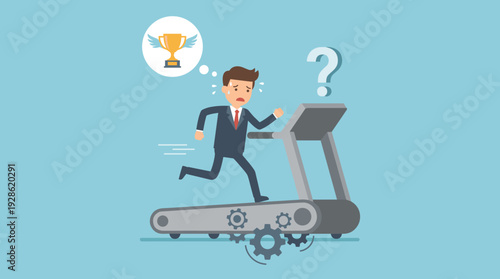 Exhausted Businessman Running on Treadmill Dreaming of Success Trophy, Concept of Hopeless Effort, Corporate Rat Race, Career Burnout, and the Struggle to Achieve Goals in a Fast-Paced World