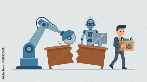 AI Artificial Intelligence Replacing Human Jobs Concept with Robot Arm Cutting Desk and Sad Businessman Carrying Box After Being Fired or Laid Off Due to Automation and Technological Evolution