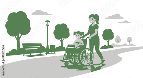 Woman pushing child in wheelchair on park path with trees