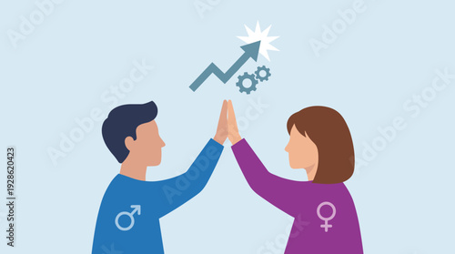 Man and Woman Giving High Five for Gender Equality and Business Success Illustration with Male and Female Symbols, Upward Growth Arrow, and Gears Representing Partnership, Empowerment, and Teamwork