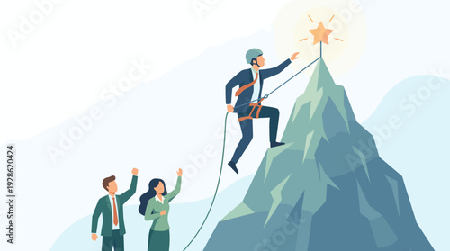 Leadership to reach business goal, career achievement and company best performance, worker winner businessman climbing to top of mountain to reach star, success, ambition, teamwork, and motivation
