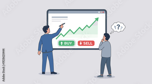 Online Trading Lesson with Businessman Showing Stock Growth Chart to a Student. Concept of Financial Analysis, Investment Decision, Market Trends and Buy or Sell Strategy Vector Illustration.