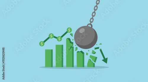 Financial Crisis and Profit Destruction Concept with a Wrecking Ball Smashing a Green Bar Chart and Growth Line Graph Representing Economic Recession, Market Collapse, and Loss of Wealth.