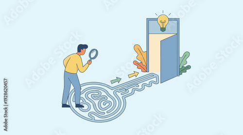 Businessman with magnifying glass analyzing a key-shaped maze leading to an open door with a lightbulb, representing finding creative solutions, unlocking success, and solving complex problems.