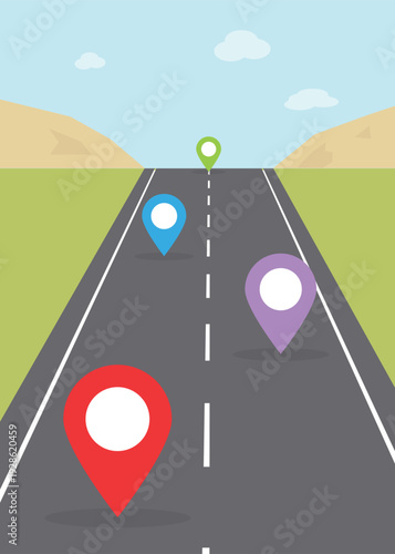 Flat Roadmap Navigation with GPS Location Pins on Highway Landscape