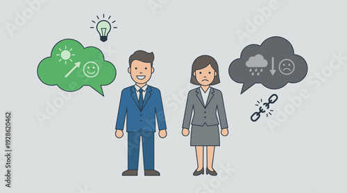 Optimist and Pessimist Business People Concept Illustration with Positive and Negative Thinking Mindset Symbols, Success and Failure Attitude, Mental Health and Psychology Vector Graphic Art