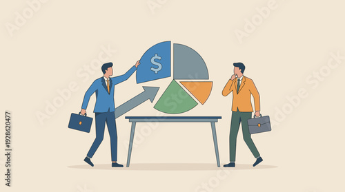 Businessmen competing for market share and economic financial profit, professional men analyzing pie chart data and growth arrow, business strategy, investment success, and corporate growth.