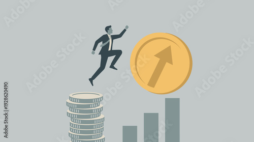 Businessman Jumping from Stack of Coins to Large Gold Coin with Upward Arrow, Representing Salary Increase, Wage Growth, Investment Profit, Career Advancement, and Financial Success Concept.