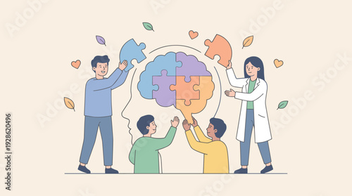 Mental Health Support and Medical Treatment Concept with Psychologist and People Connecting Jigsaw Puzzle Pieces to Form a Human Brain, Psychology Therapy, Cognitive Wellness and Healing Vector