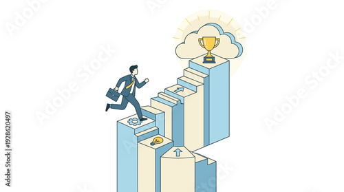 Businessman Climbing Stairs to Success and Achievement. Professional Man Running Up Stairway to Reach a Gold Trophy Goal in the Clouds. Business Growth, Career Progress, and Motivation Concept.
