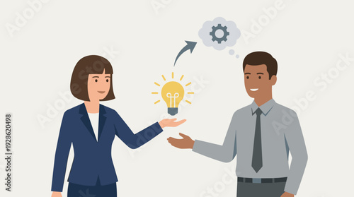 Businesswoman sharing creative idea with male colleague to solve problems. Vector illustration of lightbulb being passed to man with gear thought bubble for innovation, teamwork, and consulting.