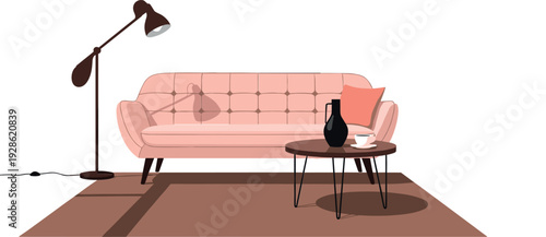 Modern living room interior corner with pink sofa coffee table and floor lamp flat vector illustration