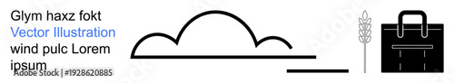 Agriculture, weather, business tools, crop management, rural development, eco concepts. Black line art of a briefcase, wheat spike and cloud shape. Agriculture and business tools theme